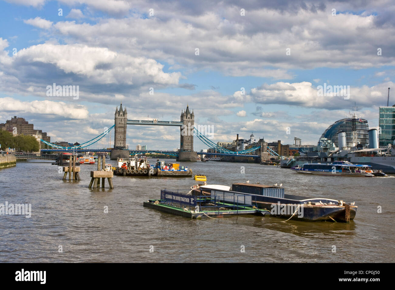 Panorama vista view scene river Thames looking eastwards to grade 1 listed Tower Bridge London England Europe Stock Photo