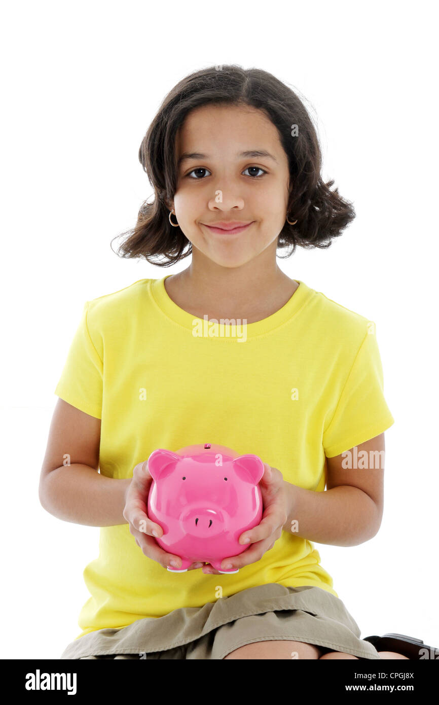 Girl with a piggy bank on white background Stock Photo - Alamy