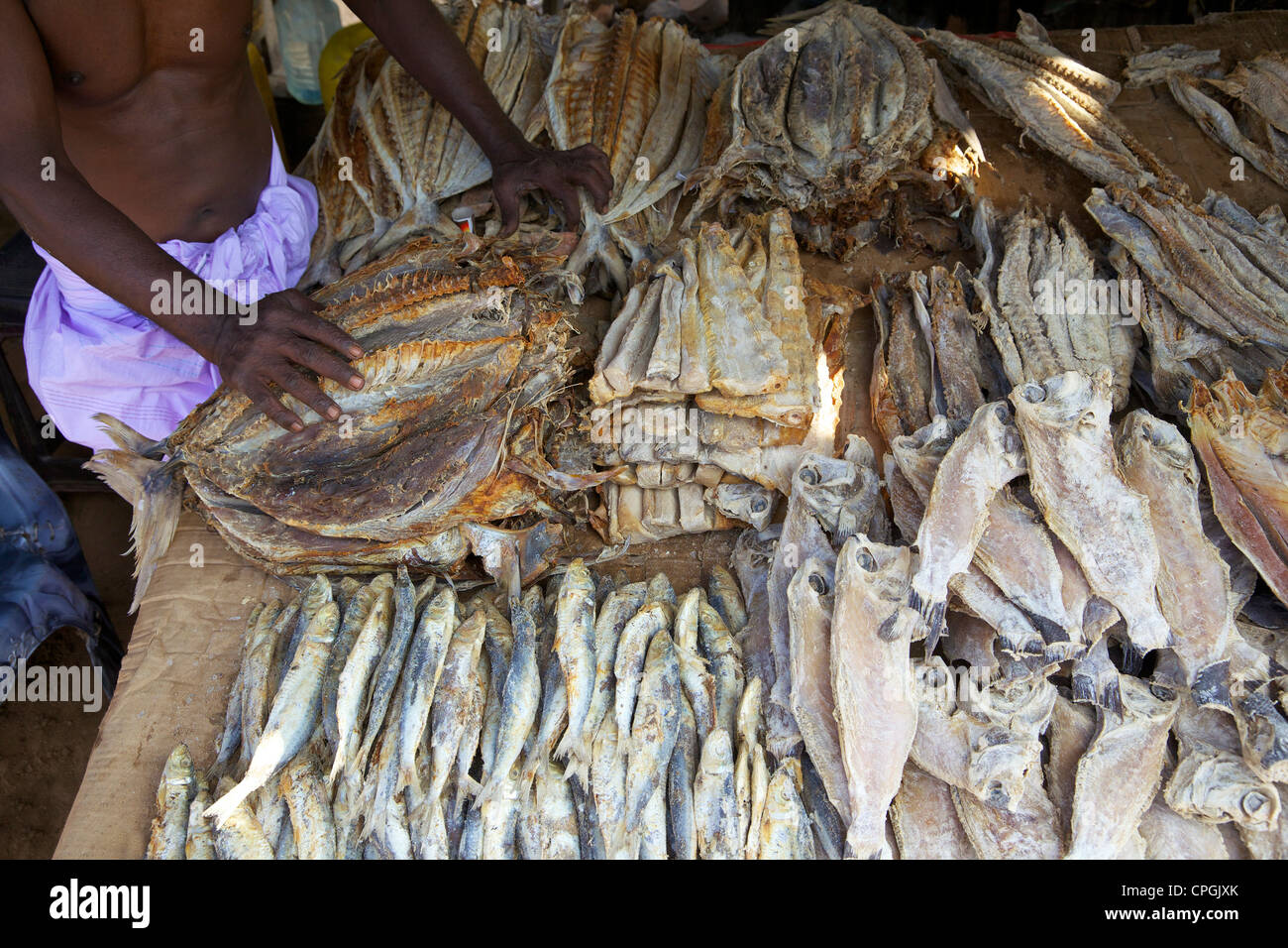 Market stall selling dried fish, Nilaveli, Trincomalee, Sri Lanka, Asia Stock Photo