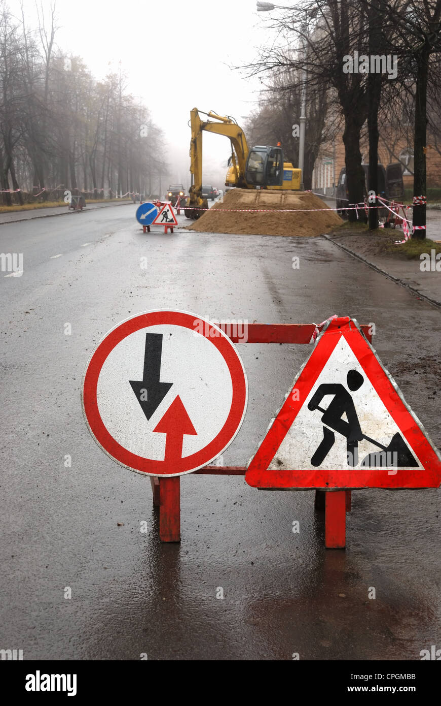 road signs, road works in the sity Stock Photo - Alamy