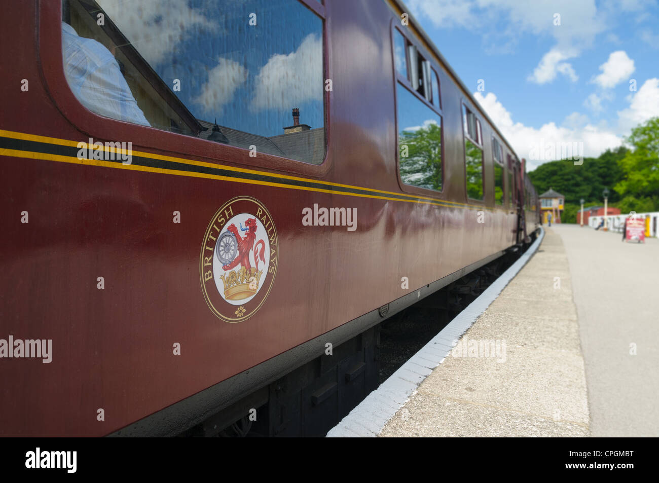 Bolton Abbey Train pulled into the station at Bolton Abbey, Railway Station, Yorkshire, England Stock Photo