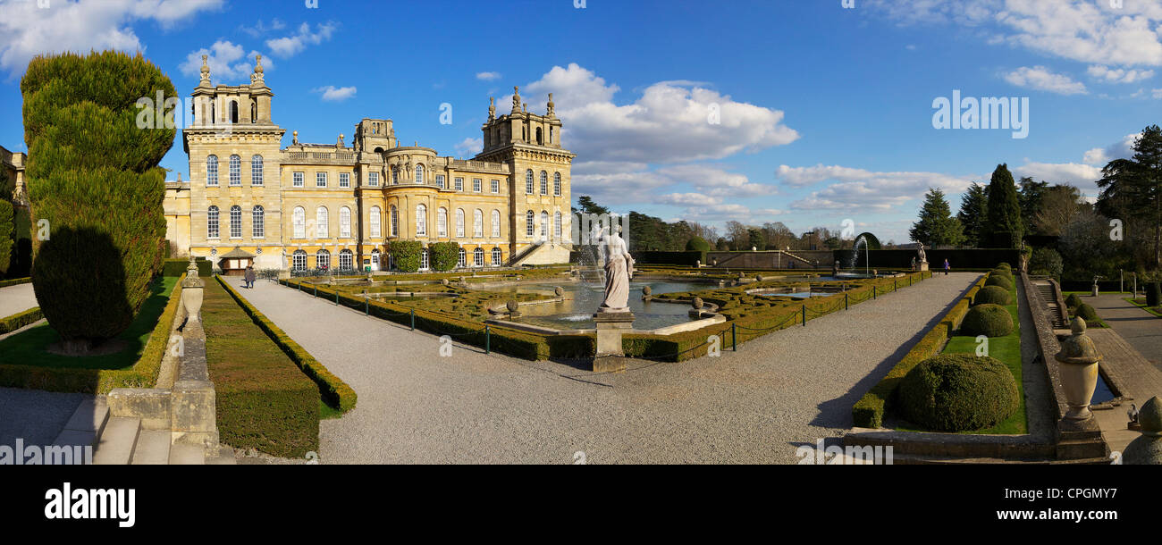 Panoramic photo of the Water Gardens, Blenheim Palace, birthplace of Sir Winston Churchill, Woodstock, Oxfordshire, England, UK, Stock Photo
