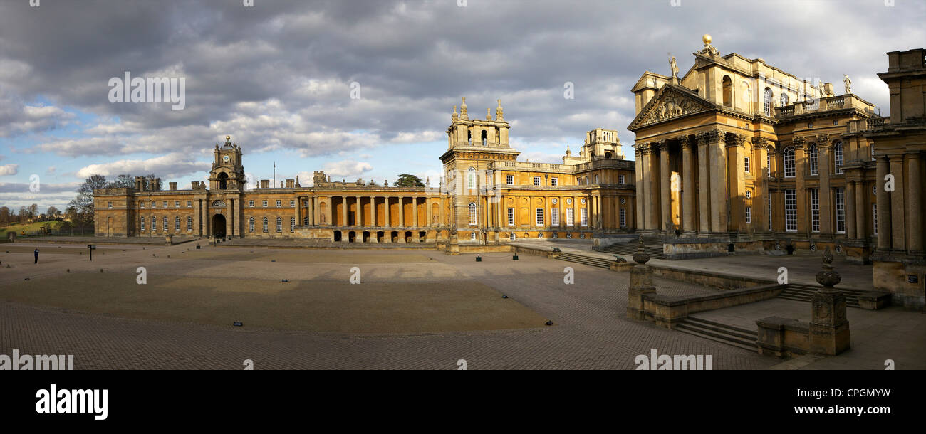 Panoramic photo of Great Court of Blenheim Palace, birthplace of Sir Winston Churchill, Woodstock, Oxfordshire, England, UK, Stock Photo