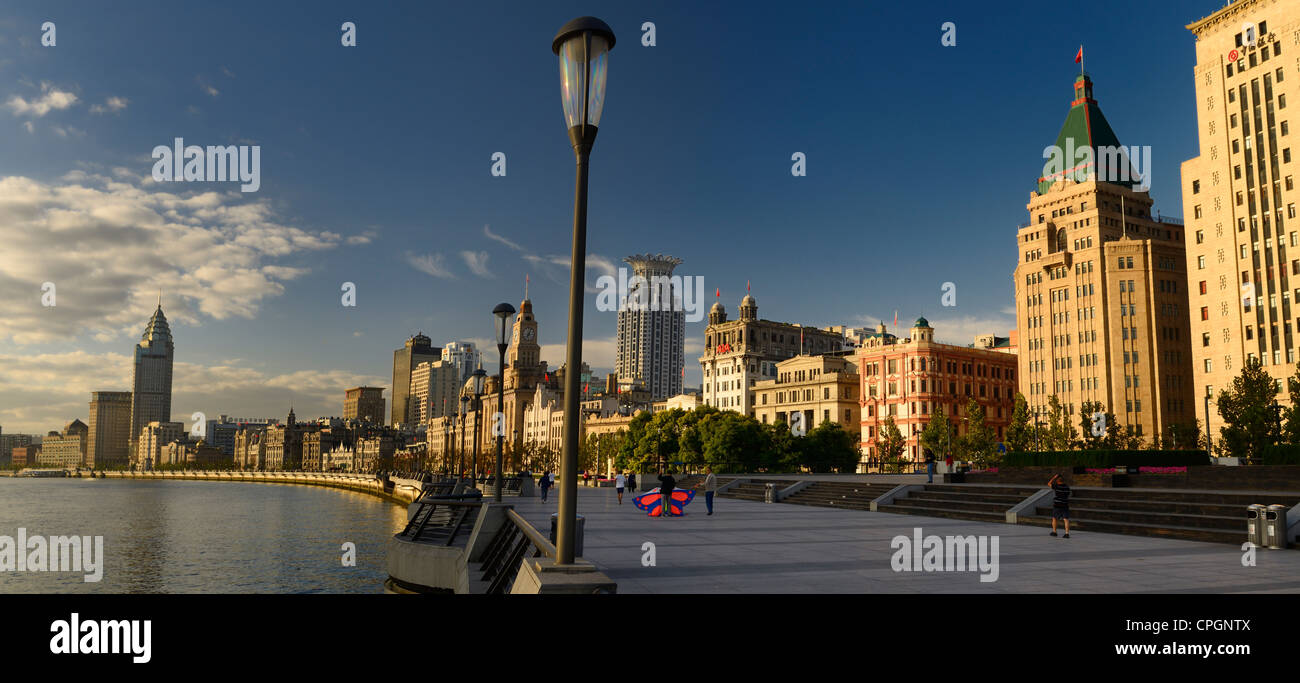 Panorama of early morning looking south on the Bund at Huangpo River Shanghai Peoples Republic of China Stock Photo