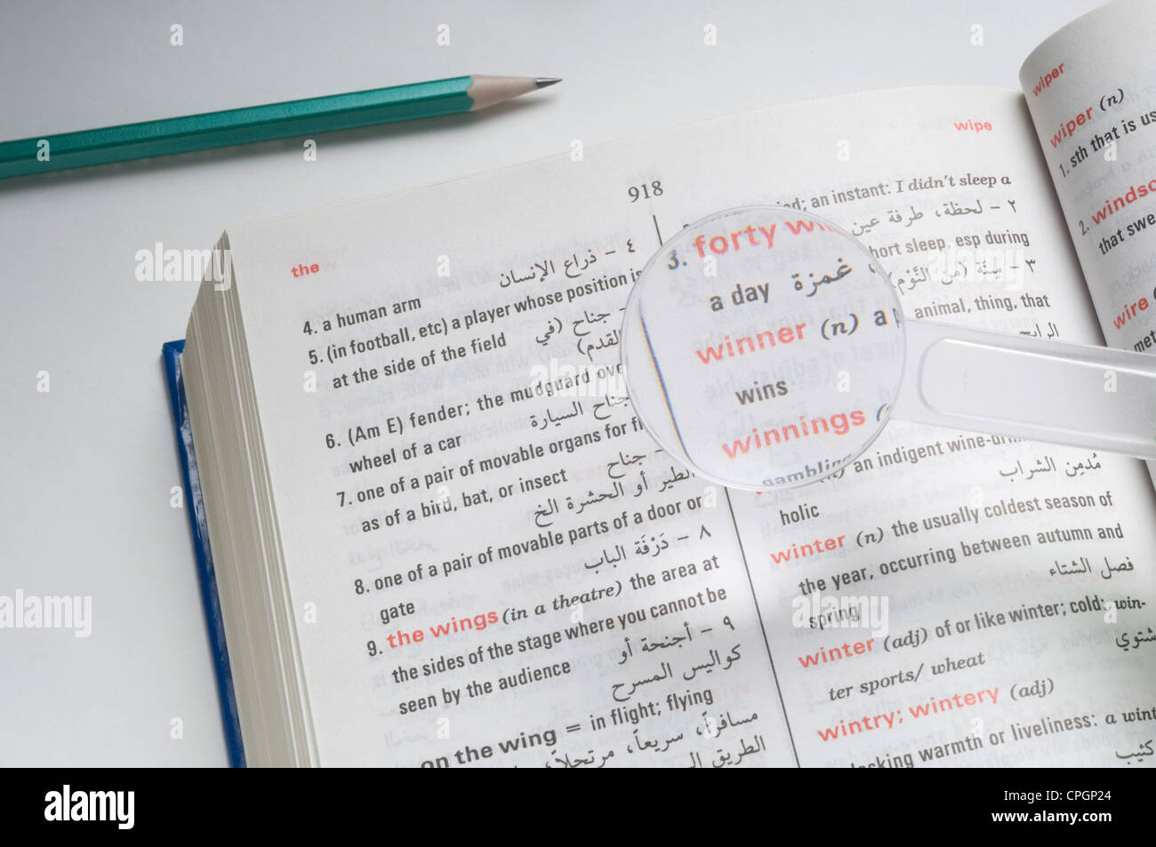 Magnifier on dictionary, closeup, elevated view Stock Photo Alamy