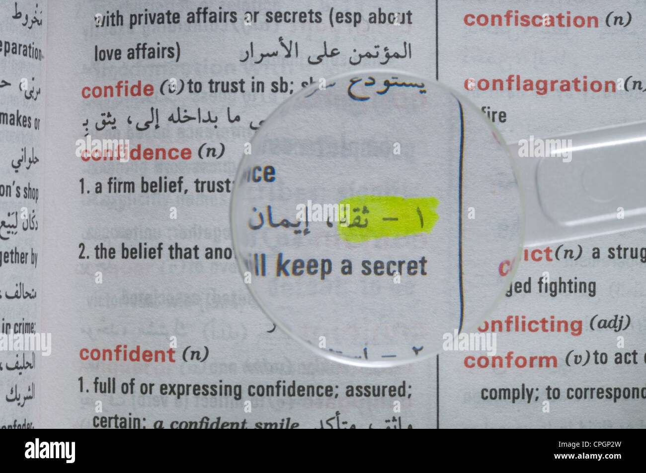 Magnifier on dictionary, closeup, elevated view Stock Photo Alamy