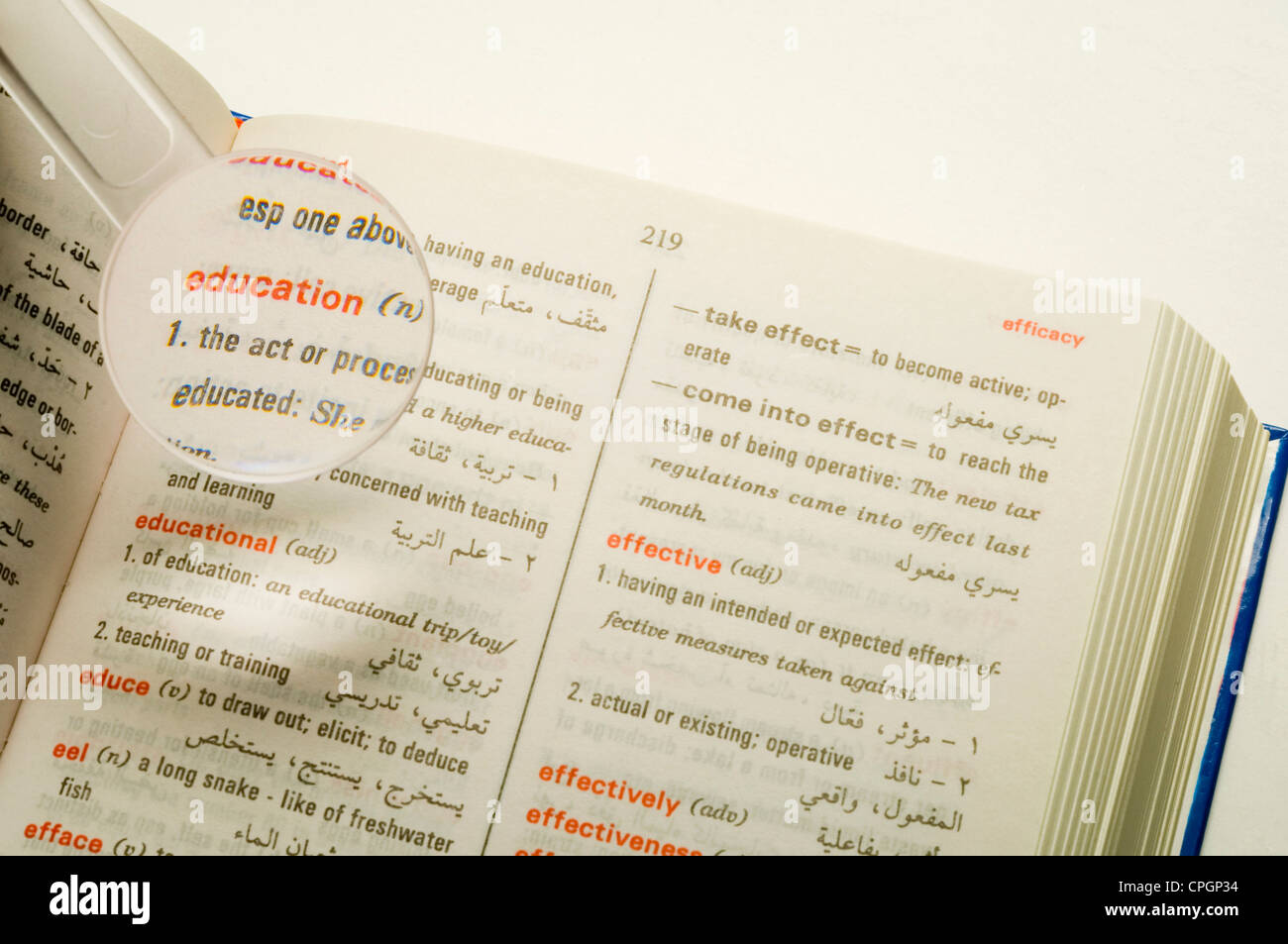 Magnifier on dictionary, closeup, elevated view Stock Photo Alamy