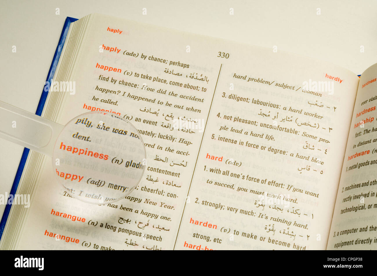 Magnifier on dictionary, closeup, elevated view Stock Photo Alamy