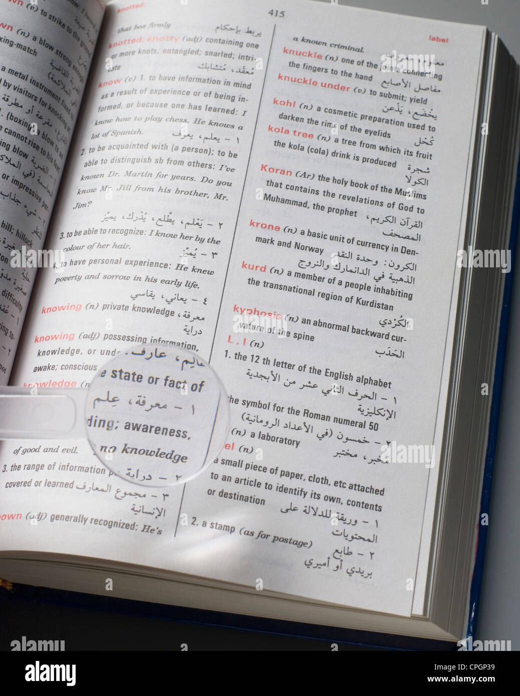 Magnifier on dictionary, closeup, elevated view Stock Photo Alamy