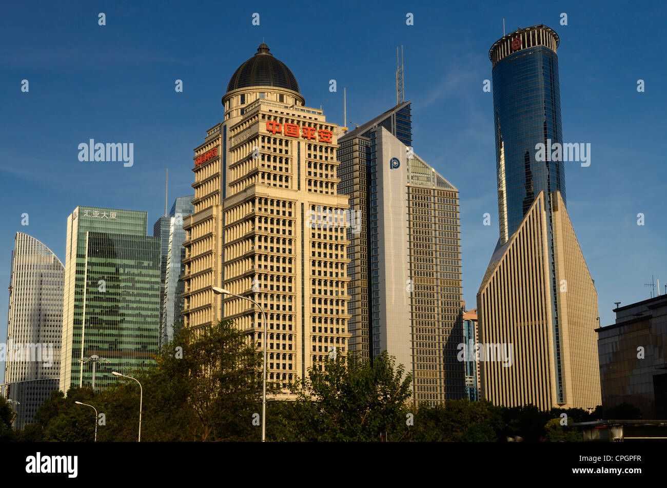 Three financial towers in the Pudong east side district of Shanghai Peoples Republic of China Stock Photo