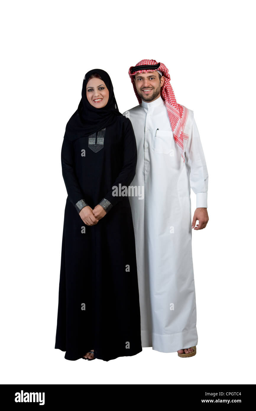 Arab couple wearing traditional dress, smiling Stock Photo Alamy