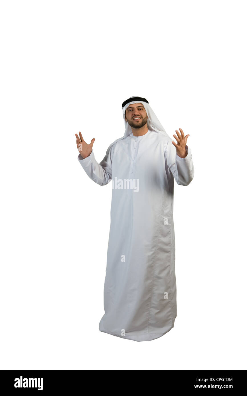 Arab man with hands open, looking at the camera Stock Photo