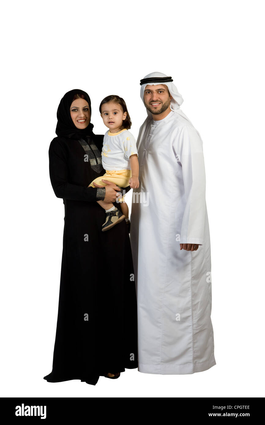 Arab family smiling, looking at the camera Stock Photo