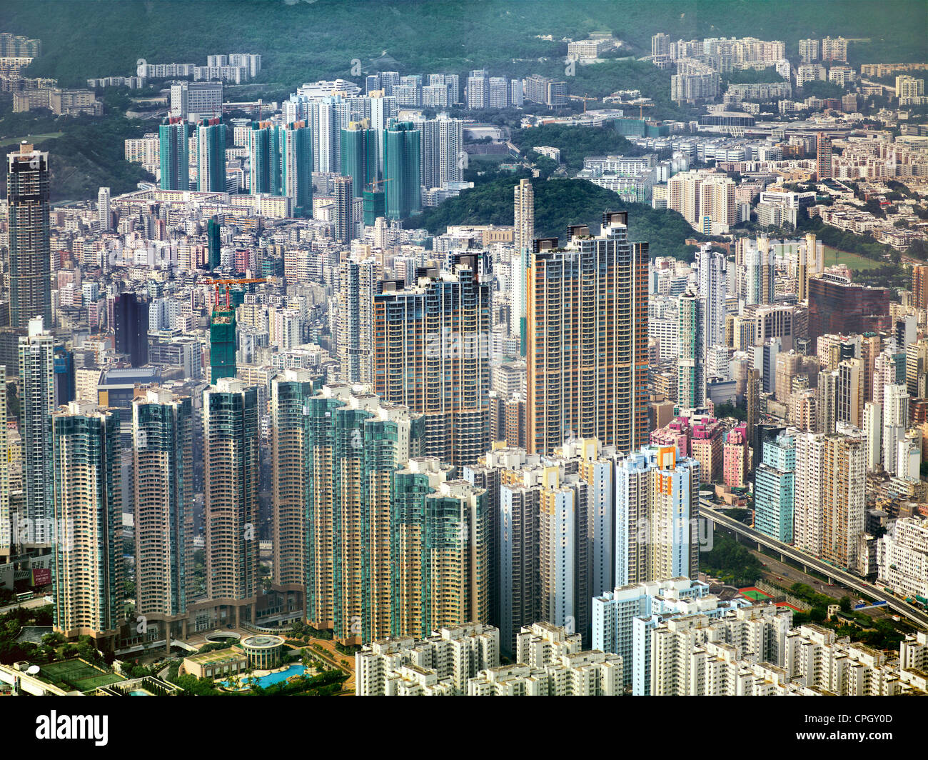 Aerial view showing the density of residential buildings in Kowloon, Hong Hong. September 2011. Stock Photo