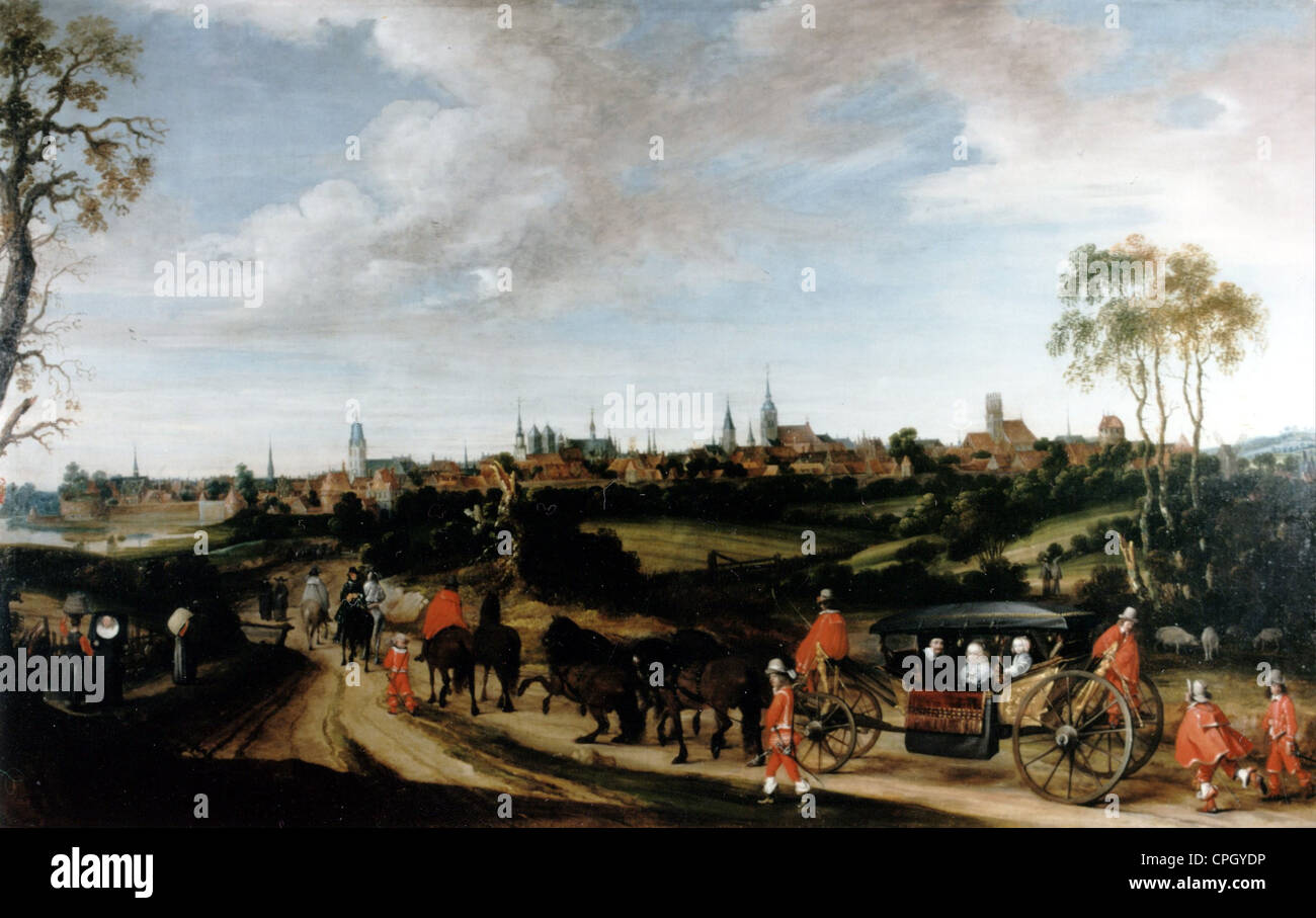 events, Thirty Years' War 1618 - 1648, Peace of Westphalia 1648, the envoy Adriaen Pauw arriving at Muenster, painting by Ter Borch, 1643, delegate, carriage, road, Westphalia, entourage, suite, cortege, landscape, clouds, soldiers, 17th century, historic, historical, Munster, Münster, Additional-Rights-Clearences-Not Available Stock Photo