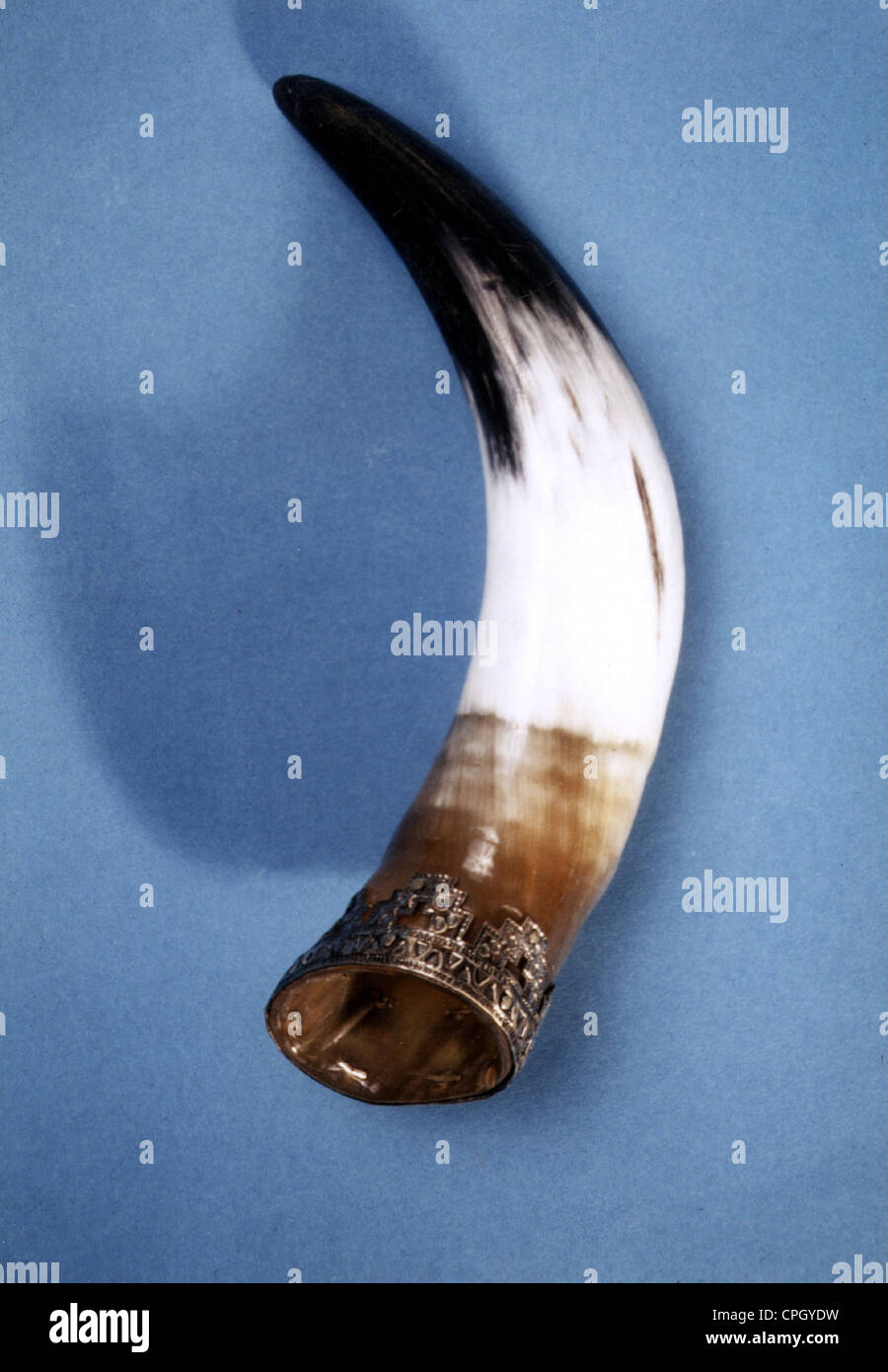Middle Ages, Vikings, drinking-horn, horn and silver, Birka, Sweden, Statens Historiska Museum, Stockholm, historic, historical, Viking, alcohol, drinking vessel, drinking vessels, medieval, Additional-Rights-Clearences-Not Available Stock Photo