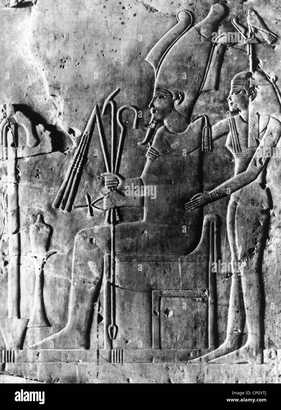 Osiris, Egyptian God, Lord of the realm of the dead, with Imentet, relief from the grave of the Cha-en-het, provost of the barns under Amenhotep III ( 1411 - 1375 BC), Stock Photo