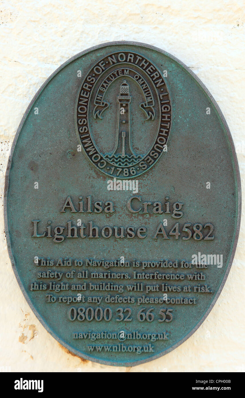 Plaque from the Commissioners of Northern Lighthouse on the wall of Ailsa Craig lighthouse Stock Photo