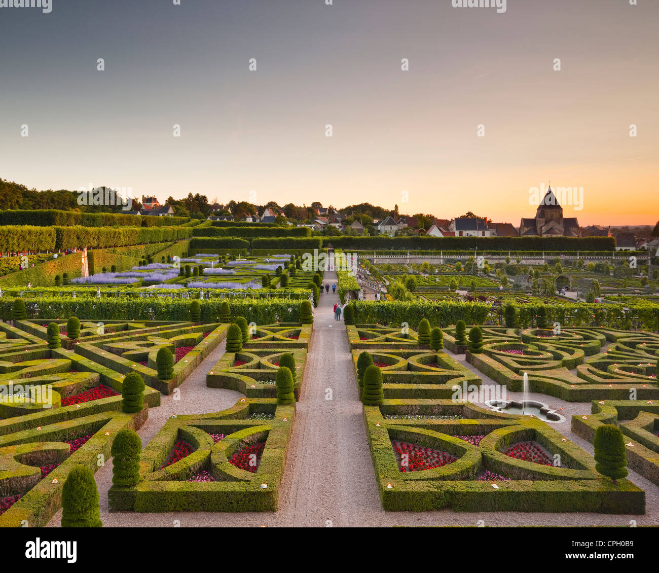 The chateau and gardens of Villandry in the historic Loire Valley during sunset. Stock Photo