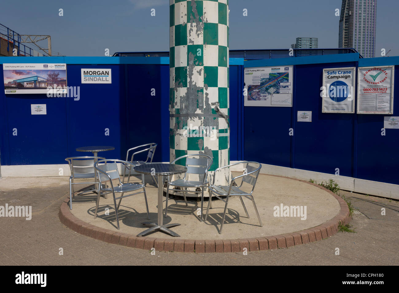 Incongruous landscape of cafe seating and new Olympic development at