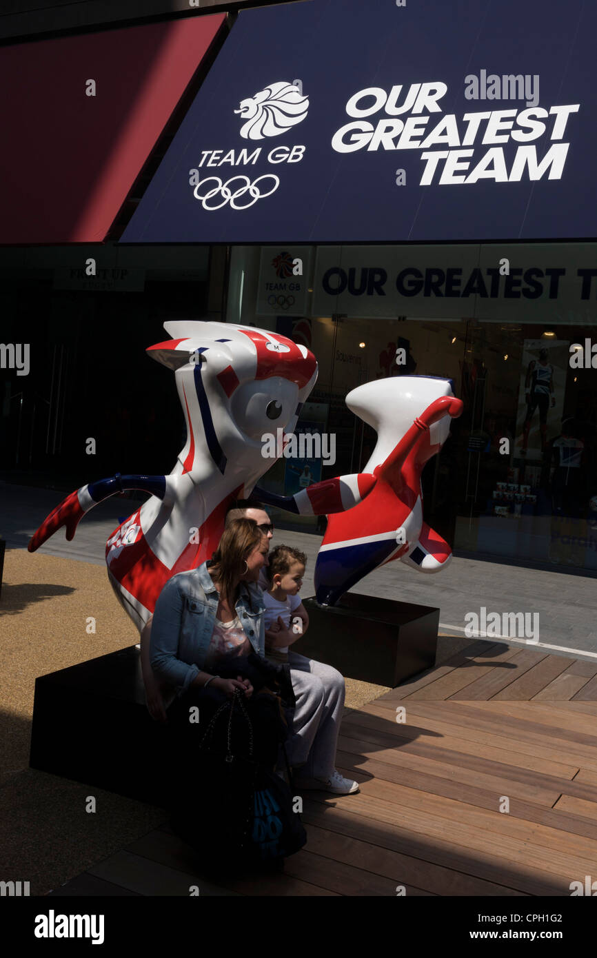 London 2012 Olympic mascots Mandeville (L) and Wenlock (R), a backdrop ...