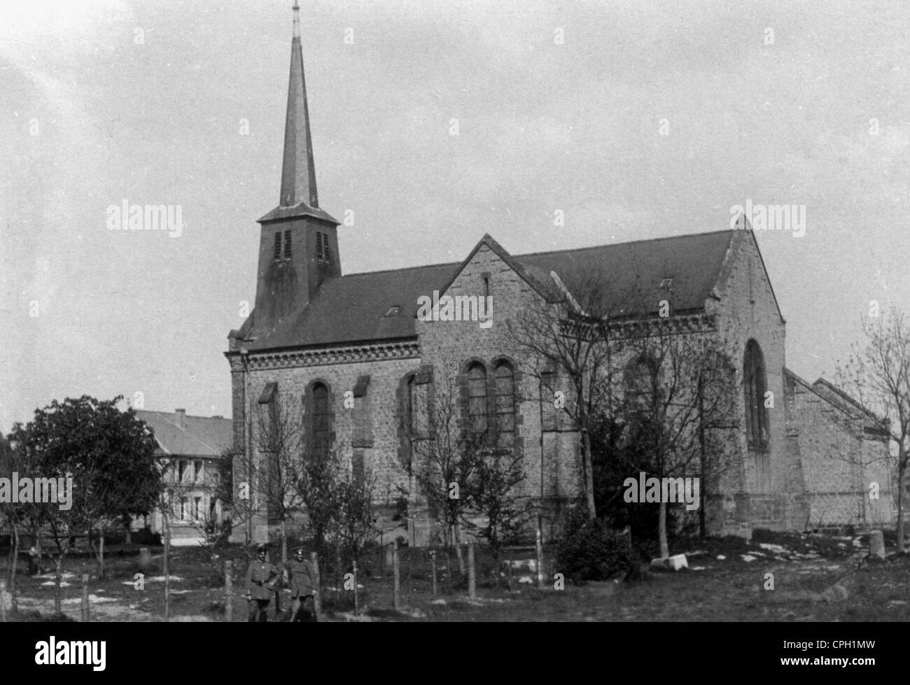 events, First World War / WWI, Western Front 1915 - 1918, German soldiers in front of the church of Mont Saint Remy, France, 1.5.1916, Mont-Saint-Remy, officers, 20th century, historic, historical, 1910s, 10s, army, military, Germany, German Reich, Empire, churches, occupation, rear area, Additional-Rights-Clearences-Not Available Stock Photo