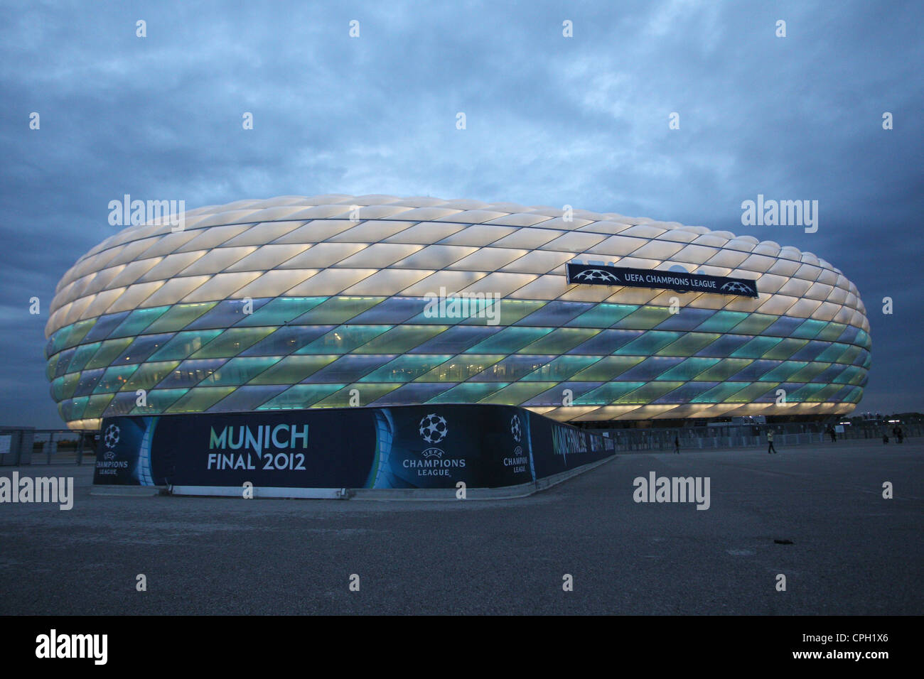 A general view of the Allianz Arena and UEFA Champions League branding  pitch side before the match Stock Photo - Alamy