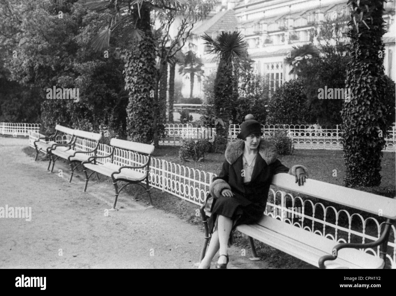 geography / travel, Italy, Merano, promenade, woman sitting on bench, 1930, Additional-Rights-Clearences-Not Available Stock Photo