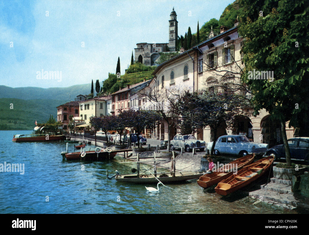 geography / travel, Switzerland, Morcote, townscape with Lake of Lugano, 1950s, Additional-Rights-Clearences-Not Available Stock Photo