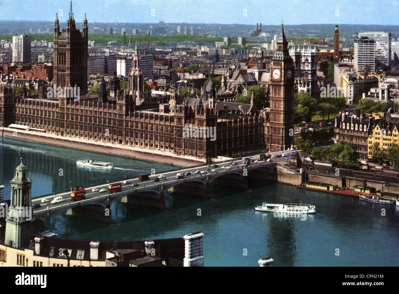 geography / travel, Great Britain, London, buildings, Houses of Parliament with 'Big Ben', Westminster, Westminster Bridge, picture postcard, 1950s, , Additional-Rights-Clearences-Not Available Stock Photo