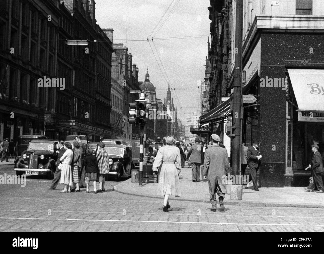 geography / travel, Great Britain, Glasgow, street scenes, Buchanan Street, circa 1950 40s, 1940s, 50s, 1950s, 20th century, historic, historical, Western Europe, Scotland, car, cars, transport, transportation, street scene, street scenes, pedestrian, pedestrians, passer-by, passerby, passers-by, inner city, midtown, city centre, town centre, urban core, people, Additional-Rights-Clearences-Not Available Stock Photo