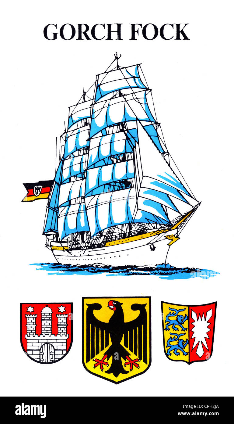 military, Germany, Bundeswehr, Navy, sailing school ship 'Gorch Fock', built by Blohm und Voss, Hamburg, commissioned 1958, flyer, 1986, Additional-Rights-Clearences-Not Available Stock Photo