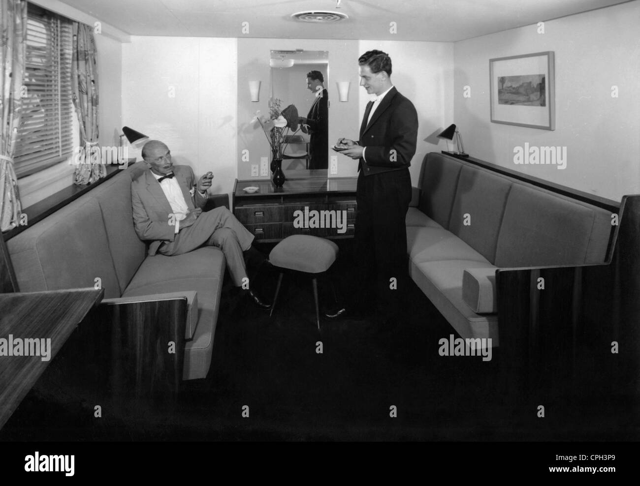 transport / transportation, navigation, ship interior, cabin on board of the passenger ship TS Hanseatic, Hamburg Atlantic Line, passenger and steward, circa 1960, Additional-Rights-Clearences-Not Available Stock Photo
