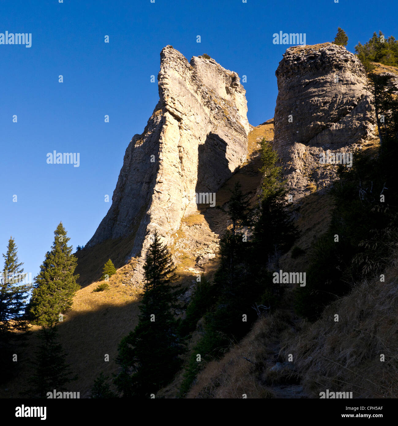 Alps, mountains, cliff, rock face, escarpment, limestone, wall of rock, crag, mountainscape, mountain scenery, mountain landscap Stock Photo