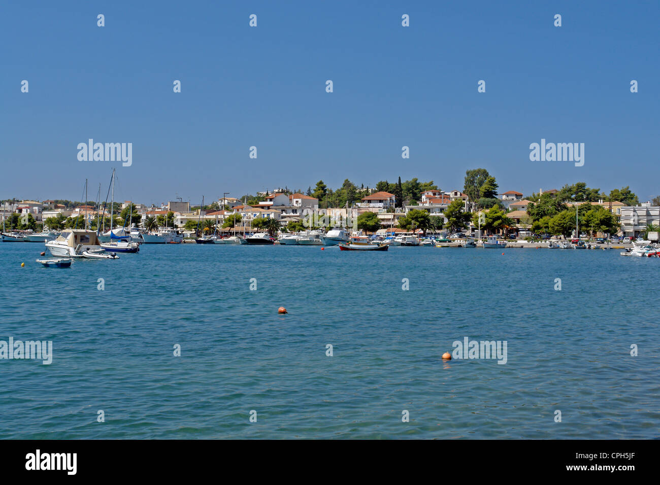 Europe, Greece, Pelepones, Porto Heli, sports boat harbour, place, bungalows, trees, boats, vehicles, vessels, buildings, constr Stock Photo