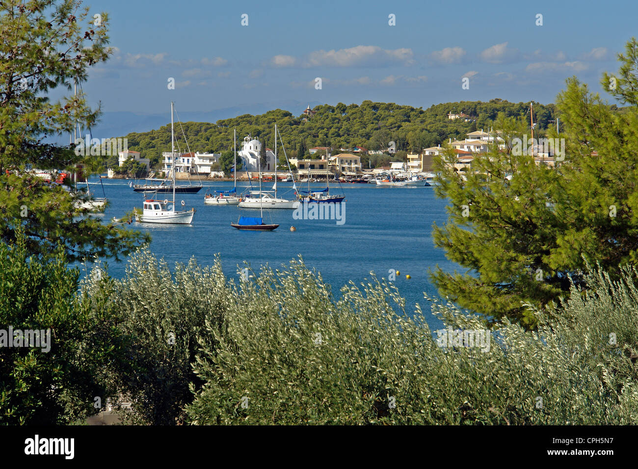 Europe, Greece, Pelepones, Porto Heli, bay, harbour, port, trees, mountains, boats, vehicles, vessels, buildings, constructions, Stock Photo