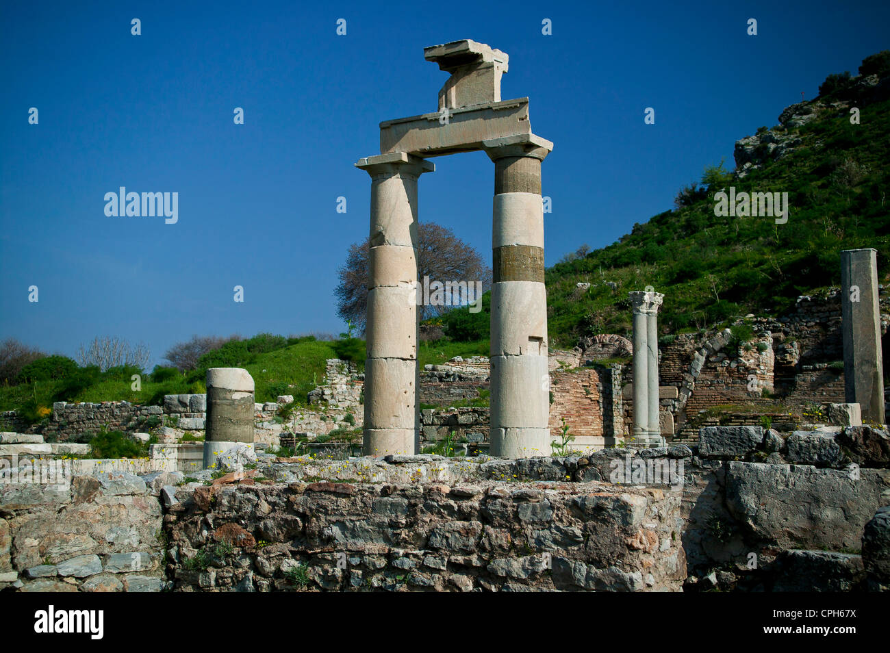 Excavation, excavation site, building, Ephesos, Ephesus, capital, capitals, Mehrzweckbau, province Izmir, Prytaneion, Roman empi Stock Photo