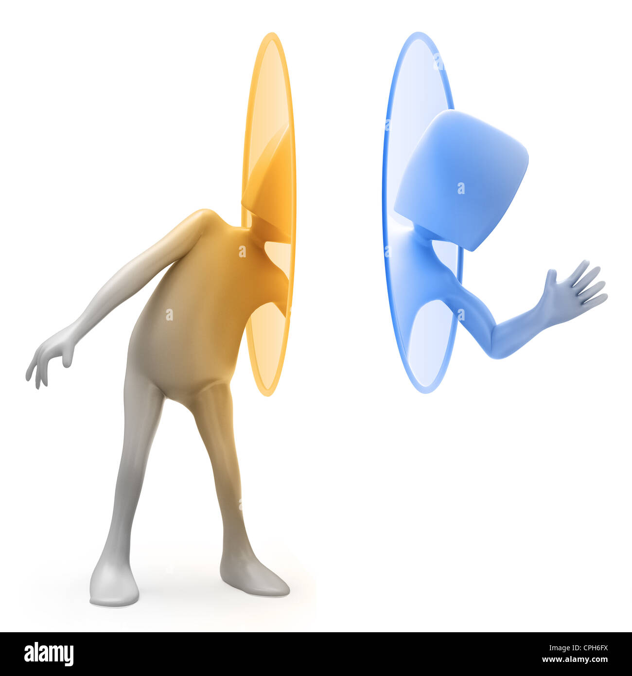 3D cartoon character Techy using a teleportation portal Stock Photo