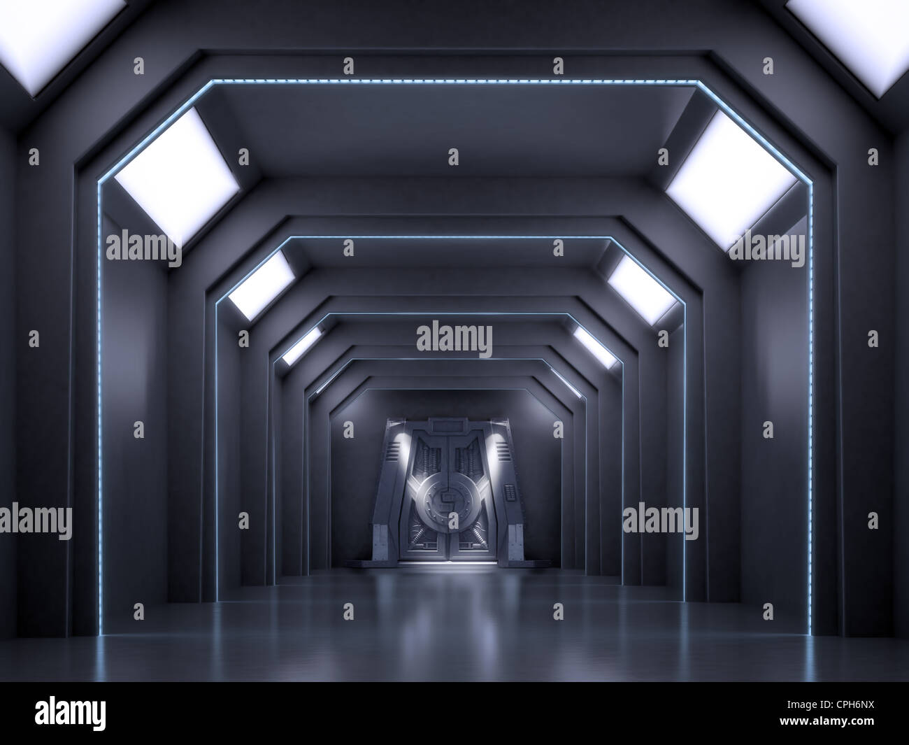 Science fiction interior scene - sci-fi dark corridor Stock Photo