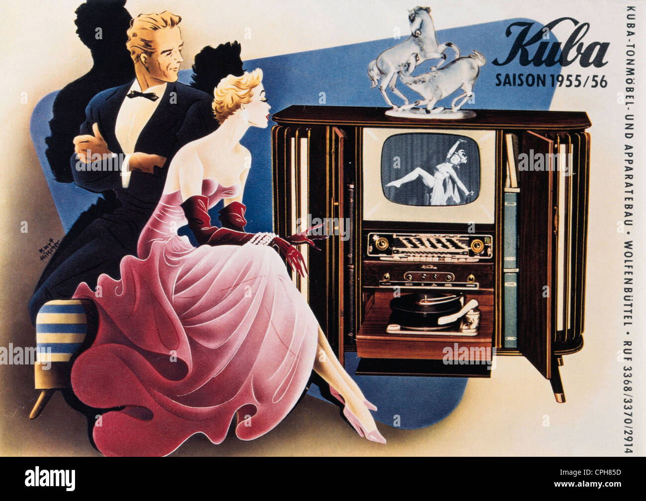 broadcast, television, combinated tv chest 'Kuba Festival', prospectus radiogramophone producer Kuba from Wolfenbuettel, viewer in festive evening dress in front of television set, Germany, 1955, Additional-Rights-Clearences-Not Available Stock Photo