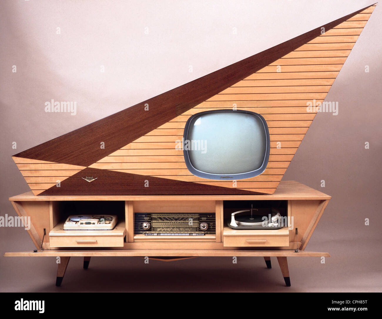 broadcast, television, 'Kuba Komet', television cabinet deluxe, with integrated television set, radio, record player, magnetophone, audio tape, made by: phonograme Kuba in Wolfenbuettel, Munich, Germany, 1959, Additional-Rights-Clearences-Not Available Stock Photo