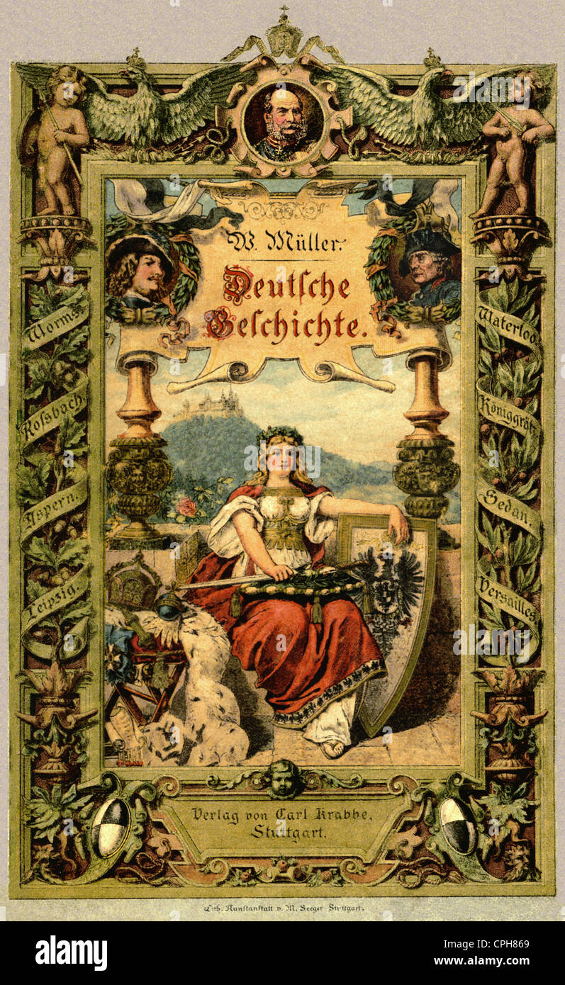 literature, book, 'Deutsche Geschichte' (German History), author: Professor Wilhelm Mueller, illustrated popular edition, emperor William I and Frederick II as medallion, publishing house by Carl Krabbe, Germany, 1888, Additional-Rights-Clearences-Not Available Stock Photo