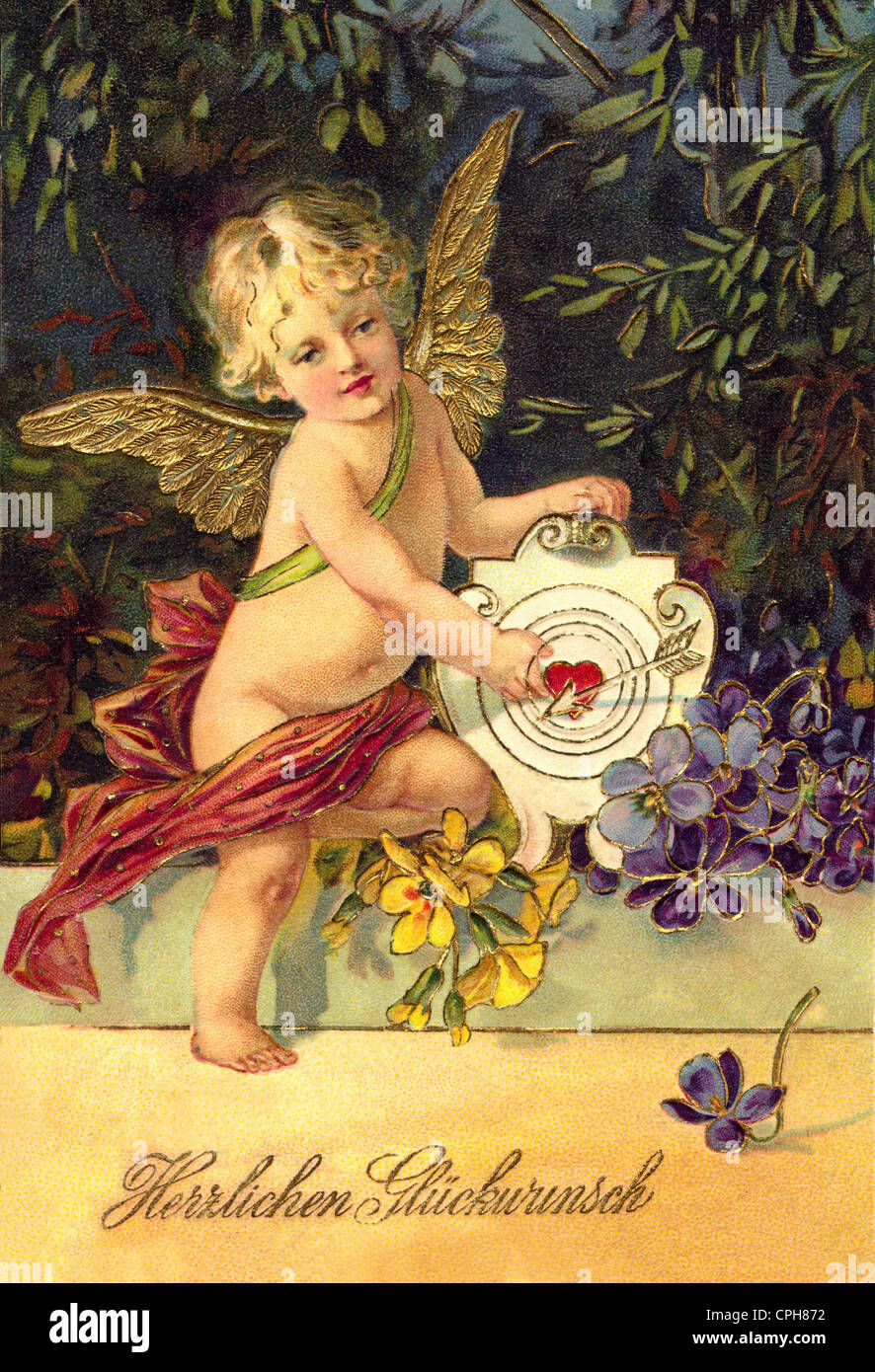 kitsch, Cupid with arrow and target, greetings card, Germany, 1908, Additional-Rights-Clearences-Not Available Stock Photo