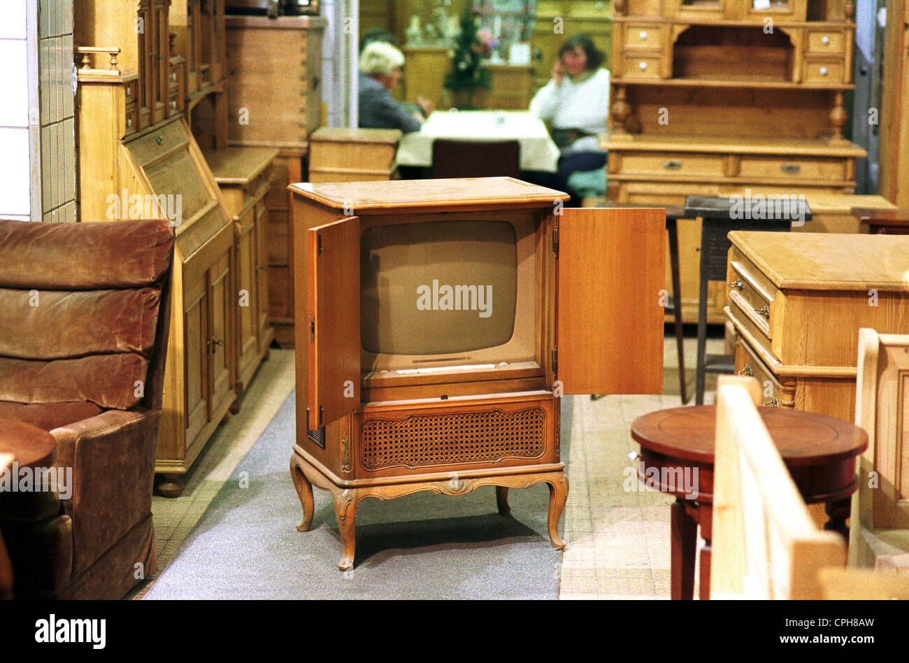 broadcast, television, television Grundig 'Zauberspiegel', case: exotic woods with baroque carving (1962), hall of furnitures at Kunstpark Ost, Munich, Germany, 1998, Additional-Rights-Clearences-Not Available Stock Photo