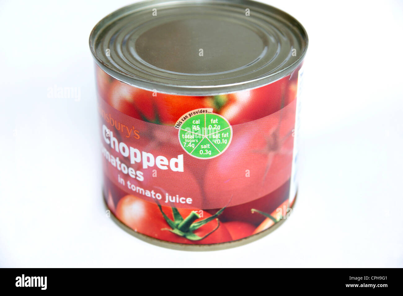 Traffic lights system of nutritional information guidelines on a tin of Sainsbury's chopped tomatoes Stock Photo