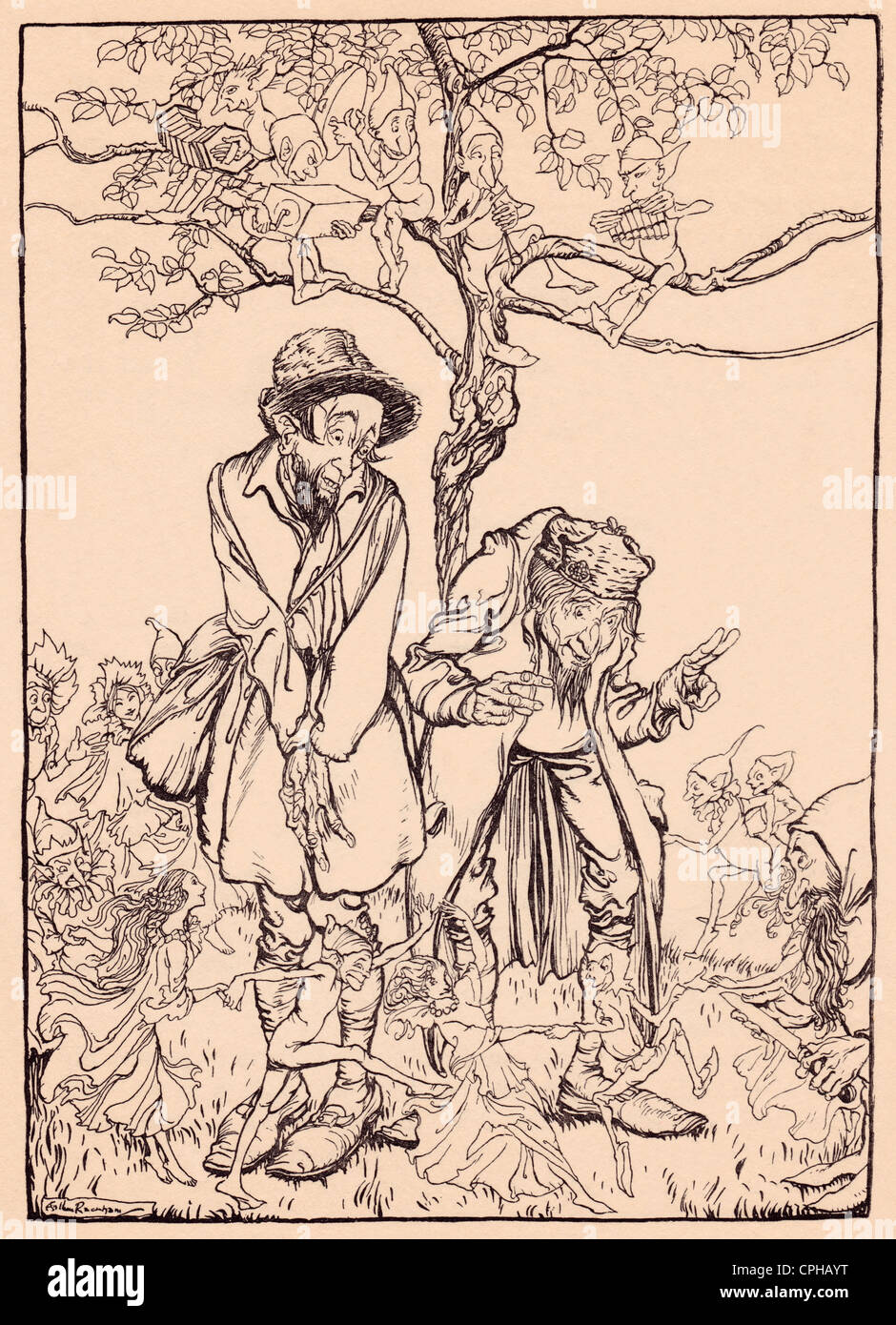 Illustration by Arthur Rackham from Grimm's Fairy Tale, The Little Folk's Presents. Stock Photo