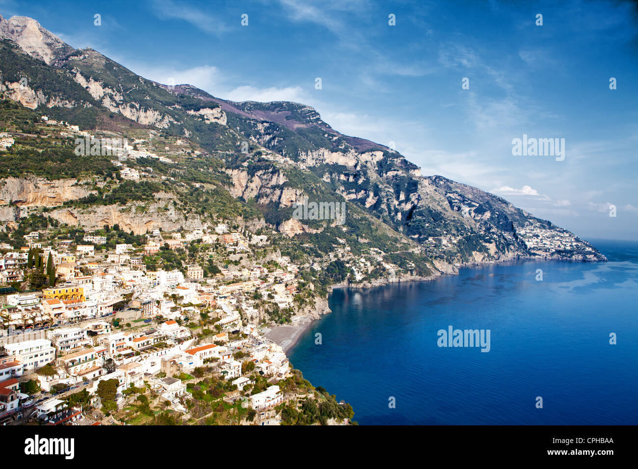 A view of the seaside town of Positano that is built into the mountainside on the Amalfi Coast in Italy Stock Photo