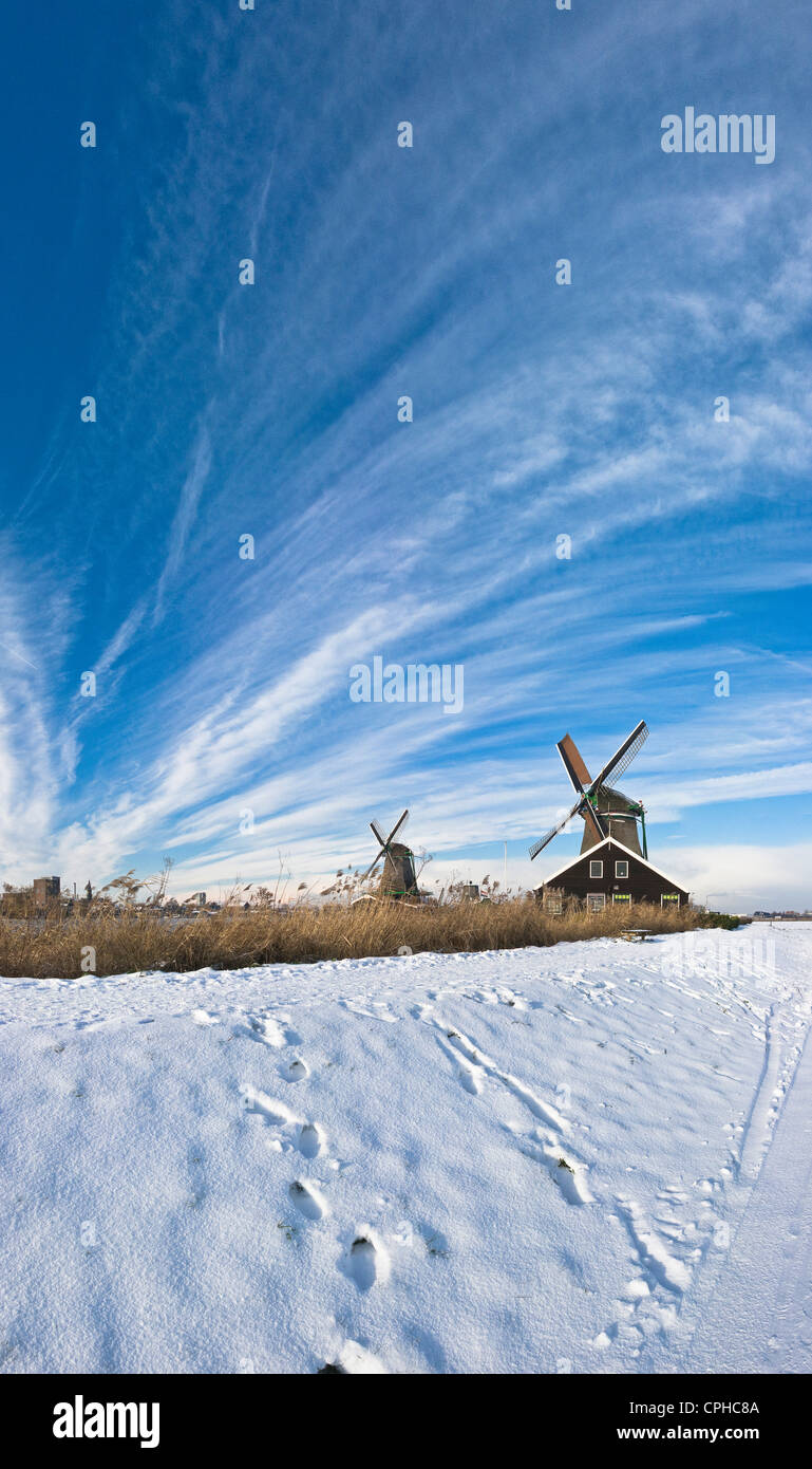 Netherlands, Holland, Europe, Zaandam, Windmill, Field, Meadow, Winter, Snow, Ice, clouds, Windmills, open-air museum, Zaanse Sc Stock Photo