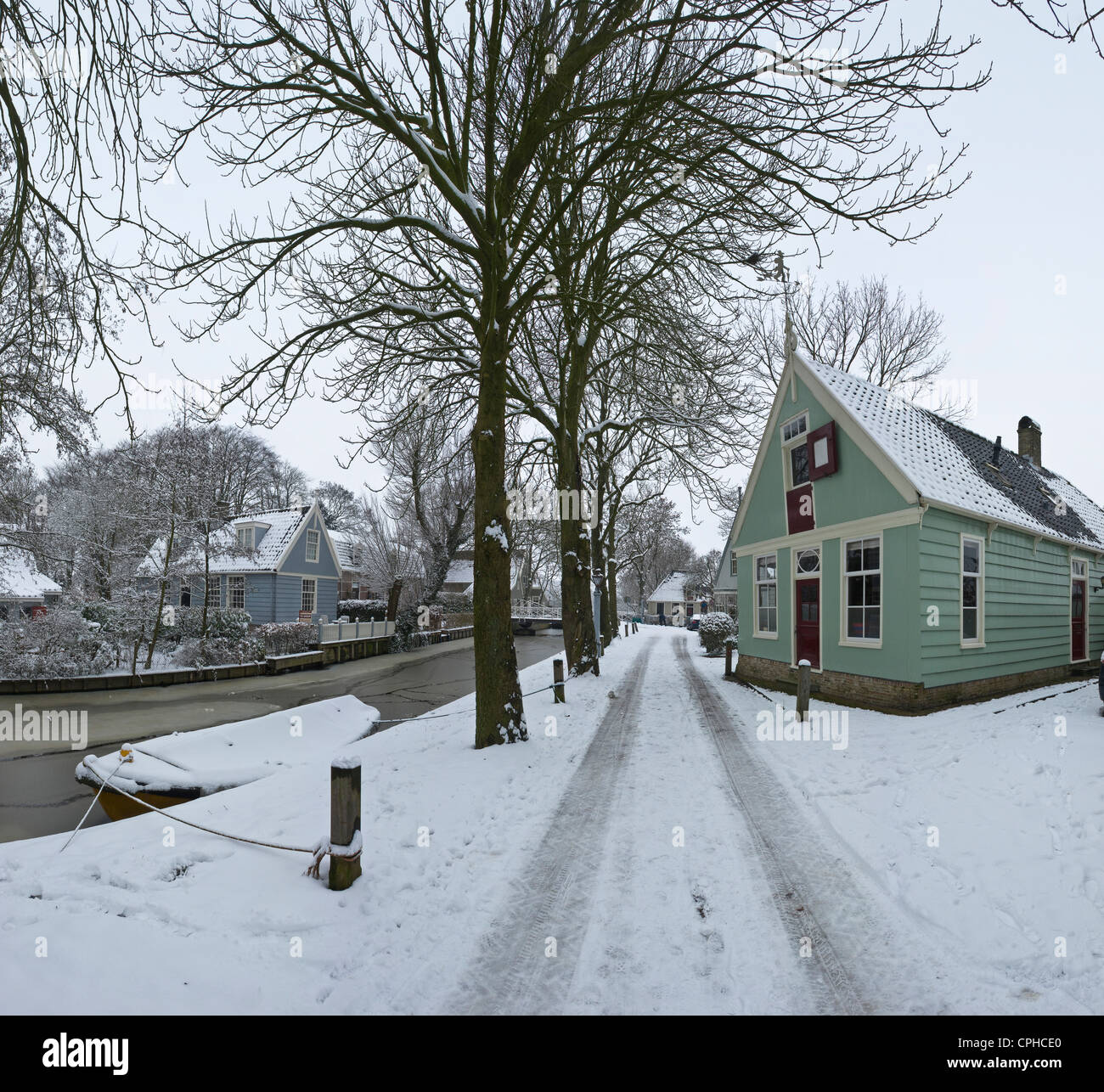 Netherlands, Holland, Europe, Broek in Waterland, Farm, Forest, Wood, Trees, Winter, Snow, Ice, Wooden house Stock Photo