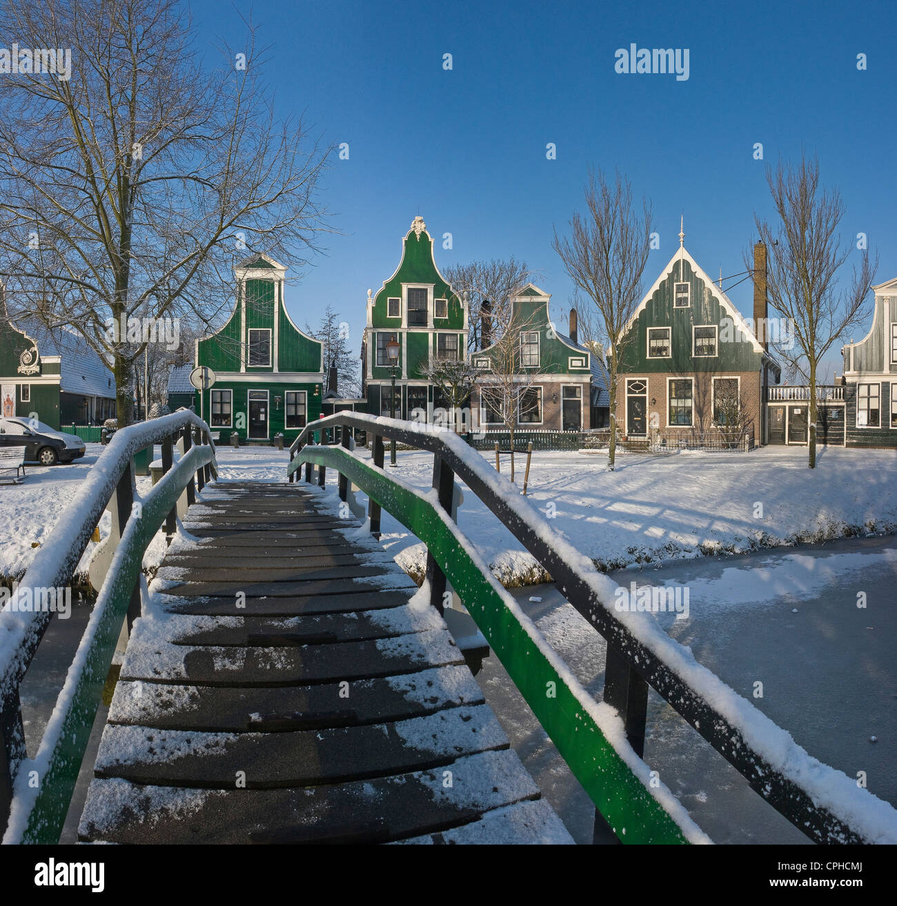 Netherlands, Holland, Europe, Zaandam, City, Village, Winter, Snow, Ice, footbridge, Open air, museum, De Zaanse Schans, Stock Photo